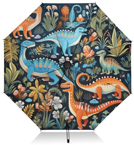 LINNIKEEEE Blumenmuster-Dinosaurier Regenschirm Automatik Auf-Zu UV-Schutz Taschenschirm Klein Leicht Schirme für Jungen Mädchen Reise