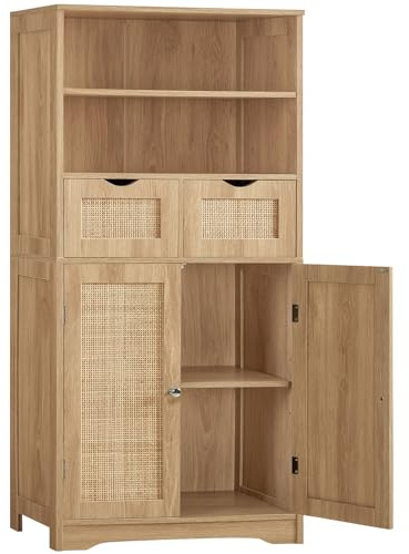 Iwell Tall Storage Cabinet, Rattan Cabinet with 2 Drawers & Adjustable Shelf, Kitchen Pantry Storage Cabient, Entryway Cabinet for Living Room, Dining Room, Home Office, Natural