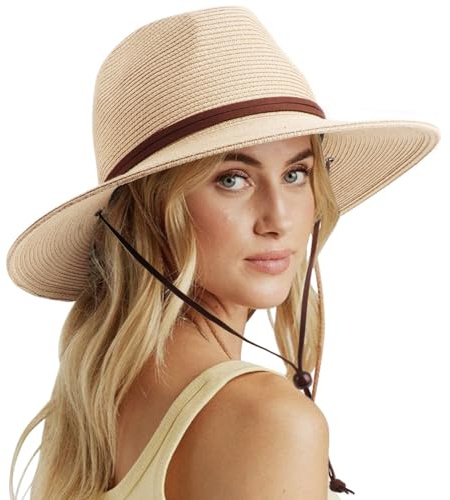 DRESHOW Women Straw Panama Hat Fedora Adjustable Summer Wide Brim Beach Sun Hat with Wind Lanyard UPF 50+