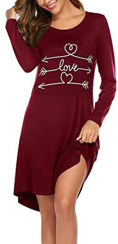 Ekouaer Dam nattlinne långärmad sött tryck sovskjortor mjuk knälång pyjamas nattkläder, mörkröd, L