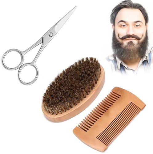 Bartbürste Set - Bartkamm & Bartbürste Männer - Bartbürste mit Wildschweinborsten - Beard Brush & Bartkamm Männer - Bartkamm aus Holz - Taschen Bartbürste - 3 Teile