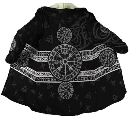 Nordisch 3D Drucken Wikinger Schild Parka Coat, Odins Hammer Warm Verdicken Wintermantel, Lockere Passform Lässig Mit Kapuze Nordischer Krieger Wollponcho