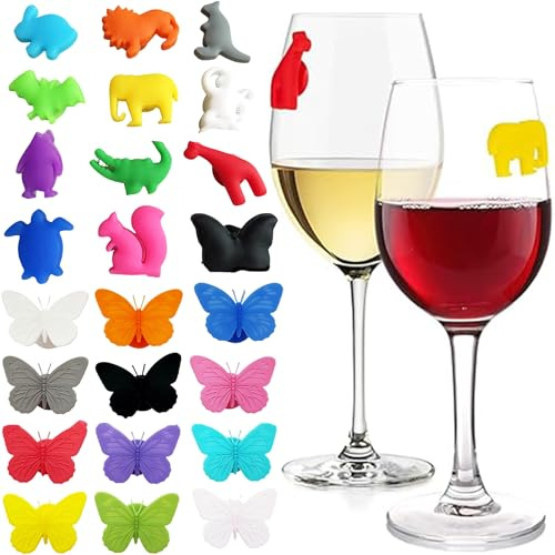 SQAQS 24pcs Wine Glass Marker, Environmentally Friendly and Harmless, Silicone Glass Markers, Butterfly Tags Wine Decorations Silicone Recognizer Cocktail Champagne Accessories, Multicolor