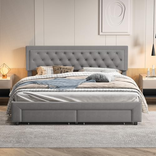 YGHQAP Polsterbett Doppelbett 160x200 cm, Bett Mit Stauraum Und Schubladen, Hydraulisches Stauraumbett Rückenlehne Bettgestell, Bettrahmen Mit Lattenrost, Samt, Grau, Ohne Matratze (Grau, 160x200cm)