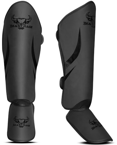 Beast Rage Muay Thai Schienbeinschoner für MMA, Kickboxen, Kampfsport, strapazierfähige Beinschoner mit Fuß-Ristschutz, verstellbar, sichere Passform, hohe Schlagfestigkeit, schützende