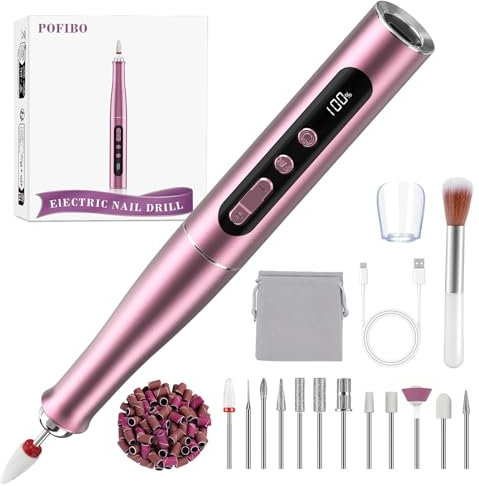 POFIBO Electric Nail File – Cordless Electric Nail Drill Machine 35000RPM, Professional Rechargeable Nail Drill for Acrylic and Gel Nails, 12 in 1 Manicure Pedicure Set, 5-Speed Adjustable