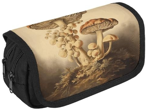 GHENBLT Federmäppchen im Vintage-Stil mit Pilzen, großes Fassungsvermögen, niedliches Stifteetui mit 3 Fächern, Bürobedarf, große Bleistifttasche mit Reißverschluss, Stoffstifttasche für Erwachsene