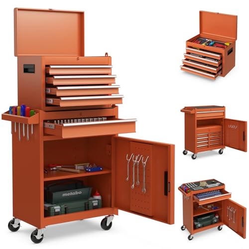 COSTWAY Servante d'Atelier à 4 Tiroirs avec Coffre Outils Amovible (Orange) | Caisse à Outils Roulante avec Armoire de Rangement, Étagère Réglable et Doublure Antidérapante pour Garage Atelier