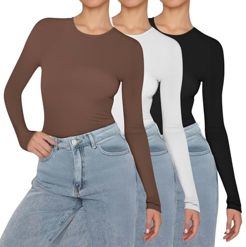 Set di 3 Magliette a Maniche Lunghe da Donna Basic, Top Donna a Girocollo Stretto, T-Shirt Slim Fit Casual Sportiva, Manica Lunga, Top in Cotone, Comodo Sweatshirt, Comfort Fit, Maglione a Manica