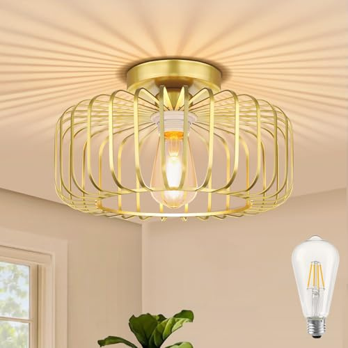 SERBASIC Deckenlampe Gold Led Deckenleuchte mit Glühbirne, E27 Lampen Decke aus Metall Modern Wohnzimmerlampe Deckenlampe Retro Deckenleuchte Rund Industrial für Küche Flur Schlafzimmer Esszimmer
