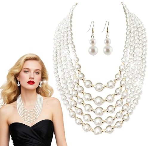 LaVenty Perlenkette Choker Vintage 1920s Kostüm Accessoires Lange Halskette | Perlenkette Choker Vintage 1920s Kostüm Accessoires Lange Halskette Perlen-Choker-Halskette Schmuck Accessoires für