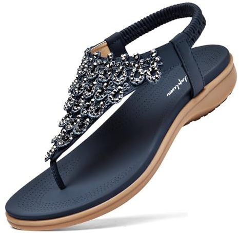 Littleplum Womens Sandals Arch Support Slingback Rhinestone Dressy Sandals Comfort Summer Shoes Ankle Strap Elastic Flats for Beach Walking Chic Blue Size 10.5