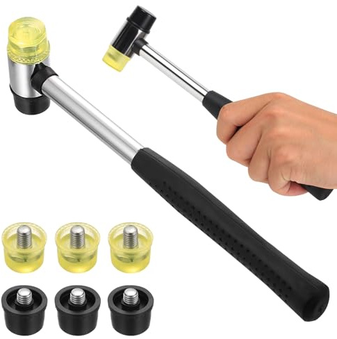 Martillo Goma Pequeño, 25 mm Martillo de Goma de Doble Cabeza de Nailon Antideslizante con Mango de Gomas para Joyería, Carpintería, Bricolaje, Manualidades, con 6 Cabezas de Martillos de Repuesto