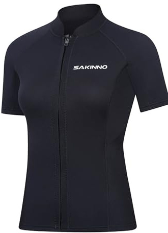 Riismen Ladies Neoprene Swim Shirt 2mm Short Sleeve Zip Front Thermal Rashguard Top Black L