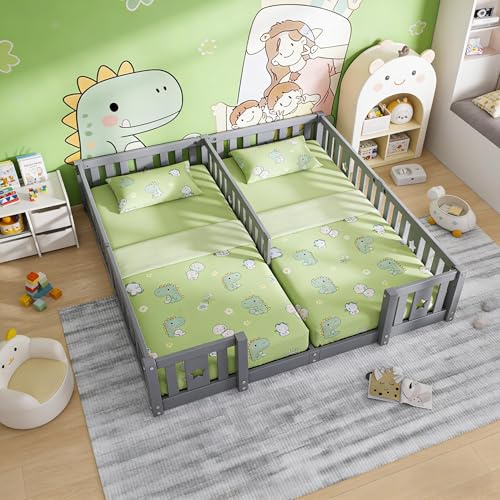 Bodenbett 180x200 cm 2 Kinder, Doppelbett Kinderbett mit Rausfallschutz, Montessori Bett Bodenbett 90x200, Toddler Bed Geschwister Bett Zwillingsbett, Massivholz(Grau-B01,ohne Lattenrost, 180x200)