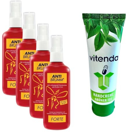 vitenda Set: Insektenschutz Pumpspray mit Anti Brumm Forte, DEET 30%, Schutz vor Mücken & Zecken, 4x75ml – inkl. vitenda Handcreme