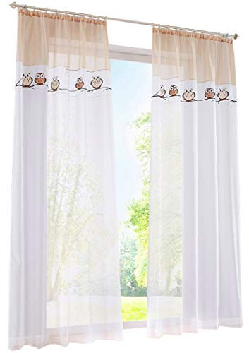 BAILEY JO 1PC Gardine mit Eule Stickerei Vorhange für Kinderzimmer Transparent Voile Vorhang (BxH 140x175cm, Sand mit kräuselband)