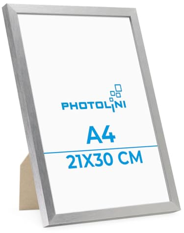 PHOTOLINI Bilderrahmen A4 Holz MDF Silber, DIN A4 Bilderrahmen 21x30 cm Silber, bruchsicheres Acrylglas, picture frame zum Aufhängen & Aufstellen, Rahmen mit Zubehör 30x21 für Fotos & Poster