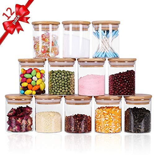 Tzerotone Glass Jars Set,Upgrade Spice Jars with Wood Airtight Lids and Labels, 6oz 12 Piece Small Food Storage Containers for Home Kitchen, Tea, Herbs, Sugar, Salt, Coffee, Flour, Herbs, Grains…