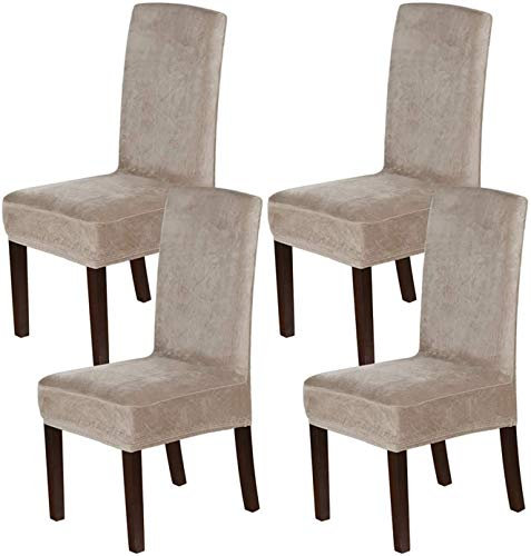 LINGKY Stuhlhussen 4er Set, Stuhlhussen für Esszimmerstühle, Stretch Samt Stuhlschoner Abnehmbarer Waschbarer, Stuhlbezug Universal für Esszimmer, Hotel, Bankett, Partys Deko (Taupe,Set of 4)