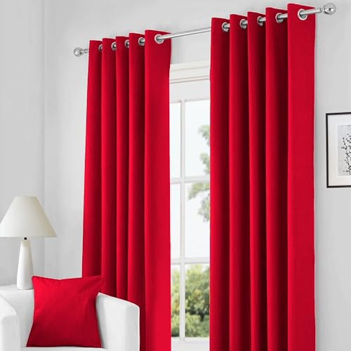 RayyanLinen Readymade Blackout Thermal Eyelet Ring Top Pair of Curtains Including 2 Tiebacks (RED, Width 66 x Drop 54)