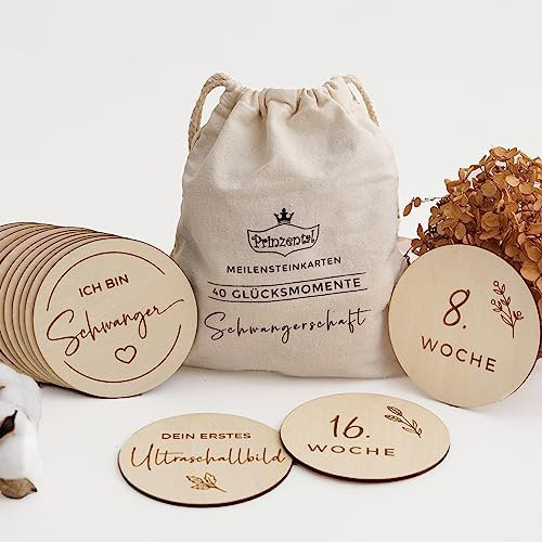 Prinzental® 40 Meilensteinkarten für die Schwangerschaft | Edel gravierte Holzscheiben | Fotokarten für 9 Monate (Schwangerschaftskarten, deutsch)
