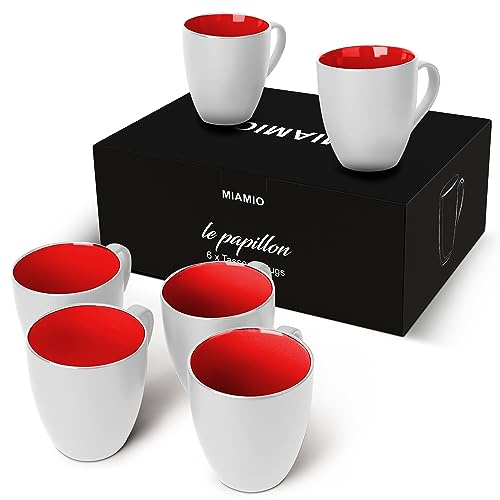 MIAMIO - Set med 6 Kaffemuggar 350 ml – Moderna Kaffekoppar i Keramik Vit Röd – Stora Muggar för Kaffe, Te och Cappuccino – Tål Diskmaskin och Mikrovågsugn