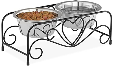 Relaxdays Hunde-Napfset mit Halterung, Napfständer für große Hunde, 2 Edelstahlnäpfe je 800ml, Futterbar, schwarz/Silber
