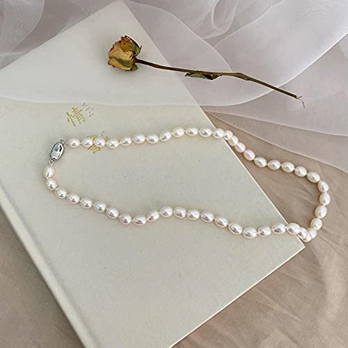 7-8mm Natürliche Süßwasserperle Damenhalskette Echte 925er Sterling Silber Schnalle Weiße Reisförmige Perlenschmuck Geschenk