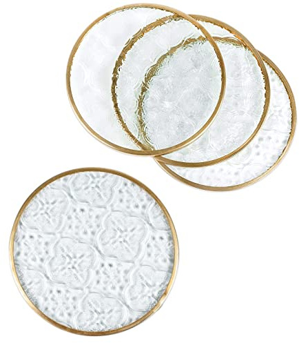 Glass Gold Coasters Set of 4, Round Cup Coaster Set with Carved Glass Stylish for Coffee Tea Wine Coasters for Bar Drink with Brass Edge Coasters Home Decor
