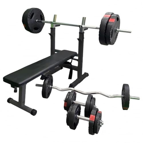 GORILLA SPORTS® Hantelbank - mit Ablage und Dip-Station, inkl. Langhantelset 100 kg, Verstellbare Höhe und Neigungswinkel, Klappbar - Drückerbank, Flachbank, Multifunktion, Trainingsbank (Schwarz)