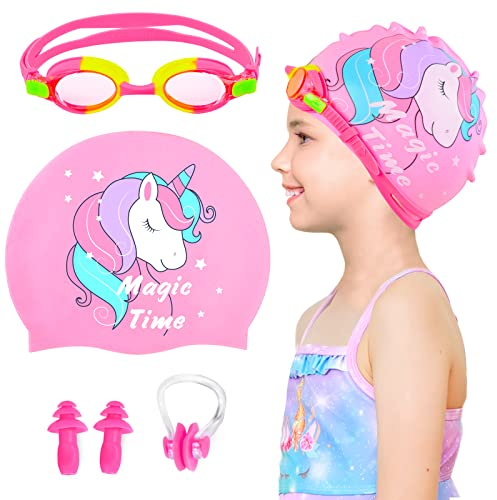 Kids Swim Caps for Girls (Age 2-6), Durable Waterproof Silicone Swimming Cap for Short Hair with Swimming Goggles, Ear Plug and Nose Clip