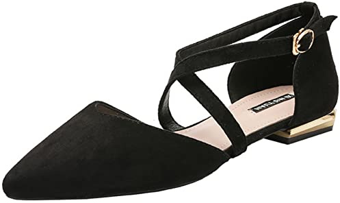 Julymens Ballerine da donna a punta con cinturino alla caviglia incrociato D'Orsay Mary Janes, Nero, 6.5