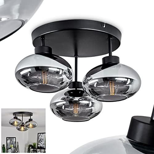 HOFSTEIN Deckenleuchte Haikala, Deckenlampe aus Metall/Glas in Schwarz/Rauchfarben, moderne Leuchte im Retro/Vintage-Design (Ø Schirme 18 cm), 3 x E27, Schlafzimmer, Wohnzimmer, Küche, Esszimmer