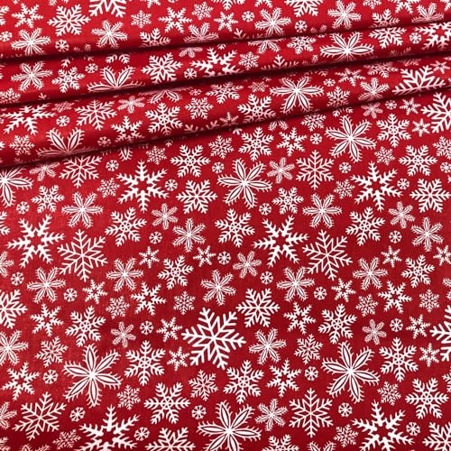 PINaPIN Baumwollgewebe Baumwollstoff 100% Baumwolle Stoffe meterware zum nähen Bettwäsche, Tischtücher, Vorhänge 100x160 cm (Weihnachtliche Rote Schneeflöckchen)