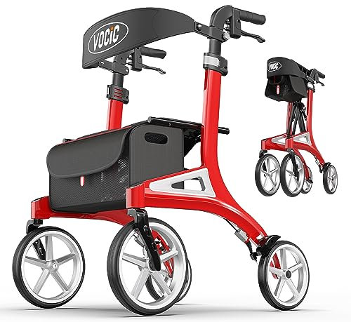 VOCIC Z71 Rollator faltbar und leicht mit Sitz Wasserdicht Aluminium Rollator leicht klappbar für Senioren Rollatoren leichtgewicht und faltbar spezial, Pannensichere All-Terrain-PU-Reifen, Rot
