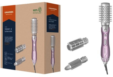 GRUNDIG HS 6220 Volumen- und Lockenstyler, 1100W, 3 Thermobürsten, Keramikbeschichtung mit Pink-Lotusöl, Überhitzungsschutz, geeignet für alle Haarlängen, Rosé/Silber