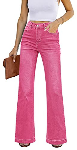 Roskiky Schlaghose Damen Wide Leg Baggy Jeans High Waist Stretch Hosen Heißes Rosa XL