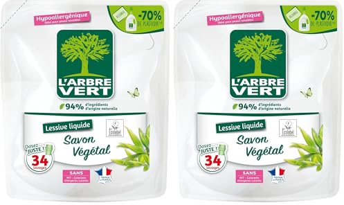 L'ARBRE VERT L'arbre vert - recharge lessive 1.5 l savon vegetale - 34 lavages - Le bidon de 1,53 l (Lot de 2)
