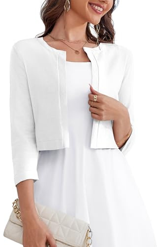 OmicGot Women's 3/4 Sleeve Cropped Cardigan Sweaters Open Front Bolero Short White Shrugs for Dresses S