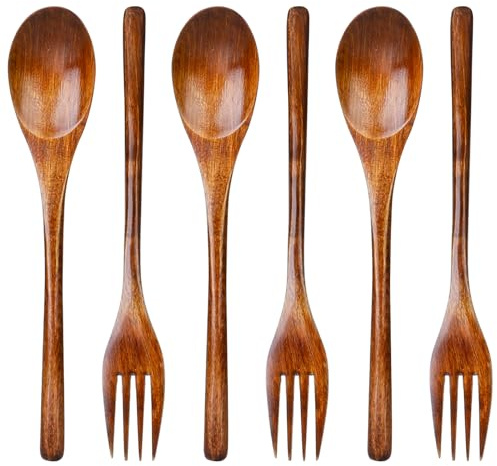 KALIONE 6 Stück Holzlöffel und Holzgabeln Besteck-Set Holzbesteck, Wiederverwendbares Holzlöffel Gabel, Braun Vintage Style Holzbesteck-Sets zum Salat Rühren, Kochen, Catering, 570808_1_eyM1WYdEd