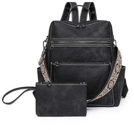 Puwuzixi Rucksack Damen Klein, Elegant Anti-Diebstahl Cityrucksack Wasserdicht Tagesrucksack, Casual Damenrucksack Leder Backpack Women Handtasche 2 in 1 für Schule Arbeit Reise (Black