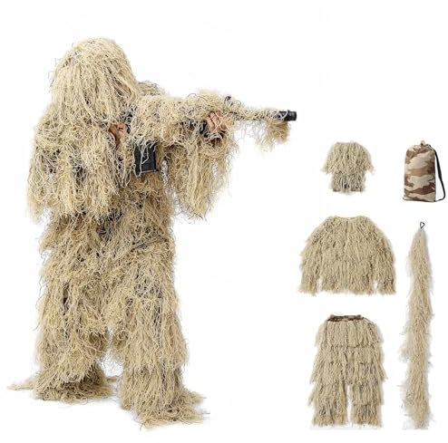 5 in 1 Ghillie Suit for Men Ropa De Caza De Camuflaje 3D Disfraz De Arbusto Incluyendo Chaqueta,Pantalones,Capucha,Bolsa De Transporte para Fotografía De Caza Al Aire Libre,DryGrass-Adults
