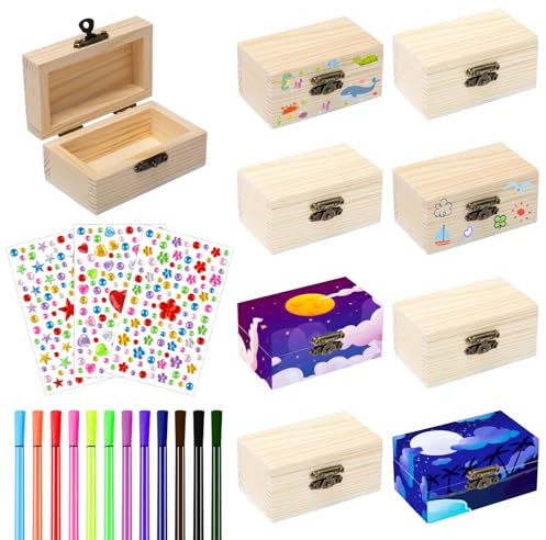Neikafan 8 Stück Mini Schatztruhe Holz Holzkiste Klein 9 * 5.2 * 4.1cm Schatzkiste Holz mit Deckel mit 12 Aquarellstift und 3 Farbiger Selbstklebende Glitzersteine für DIY Kindergeburtstag Handwerk