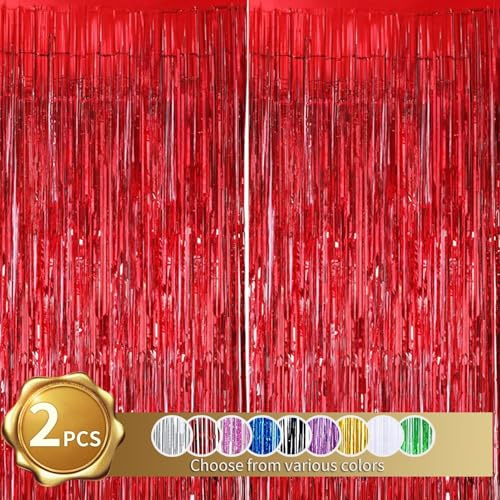 RIBBOOO 2-Pack Rot Lametta Vorhang Glitter Metallic Tinsel Vorhang für Valentinstag Party, Abschlussfeier, Foto Hintergrund, Folie Streamer, Geburtstagsdeko, Disco, Weihnachtsfeier (1x2 Meter)