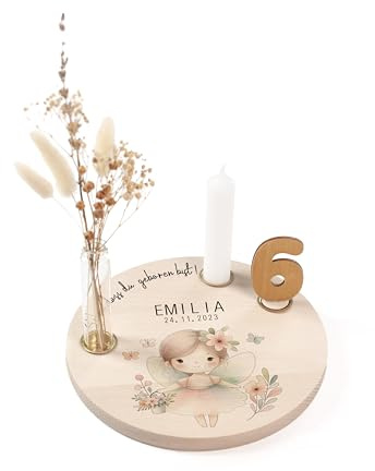 Nord-Kind® Geburtstagsteller personalisiert – Fee 6 | Personalisiert aus Buchenholz, inkl. Kerze, Vase, Zahlen und Haltern; 20 cm.
