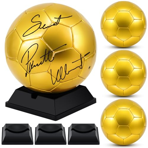 Hiboom 4 Pcs Gold Soccer Ball Autograph Football with Display Stand Air Pump for Trophies Anniversary High School College Coaching Gift Awards Championship Party (Size 2,Gold)