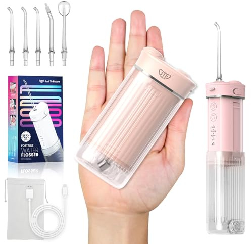 JTF Travel Water Flosser, Portable Cordless Compact Design, Removable Tank for Easy Cleaning & Filling, 4 Modes with DIY, 5 Tips, IPX7 Waterproof Dental Flosser for Braces Orthodontic Sensitive,Pink