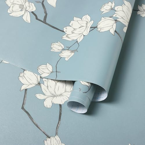 Fiula Selbstklebende Tapete Klebefolie Möbel Blumen 44CMx5M Möbelfolie Selbstklebend Blau-Grau Beige Blumetapete Wasserdicht Vinyl Dekor für Wohnzimmer Schlafzimmer Vintage Florale Tapete Wallpaper