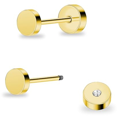 ZDE Women Earrings Flat Back Dot Titanium Hypoallergenic Cartilage 14K Gold Earrings Studs for Sensitive Ears Simple Classic 3mm-6mm Screw On Stud Earring